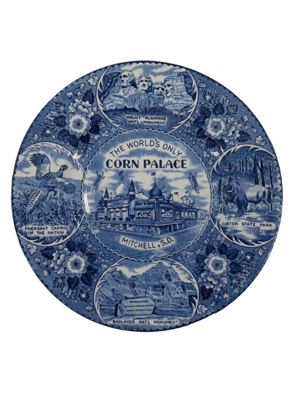 Blue Staffordshire Worlds Only Corn Palace Mitchell SD Souvenir Plate 10in VTG